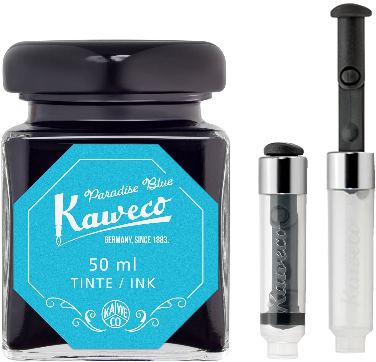 Kaweco - Ink bottle en Mini Converter inklapbaar - Paradise Blue - potje vulpeninkt - Turkoise originele Kaweco-inkt in 50 ml glas