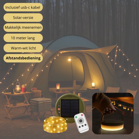 Niba® Solar Camping Lamp Groot met 10m LED Lichtsnoer - 3600mAh Accu - Oplaadbaar via Zonnepaneel & USB-C - Warm Wit - Inclusief Afstandsbediening & Powerbank - String Lights voor Tent, Camper & Tuin — afbeelding 3