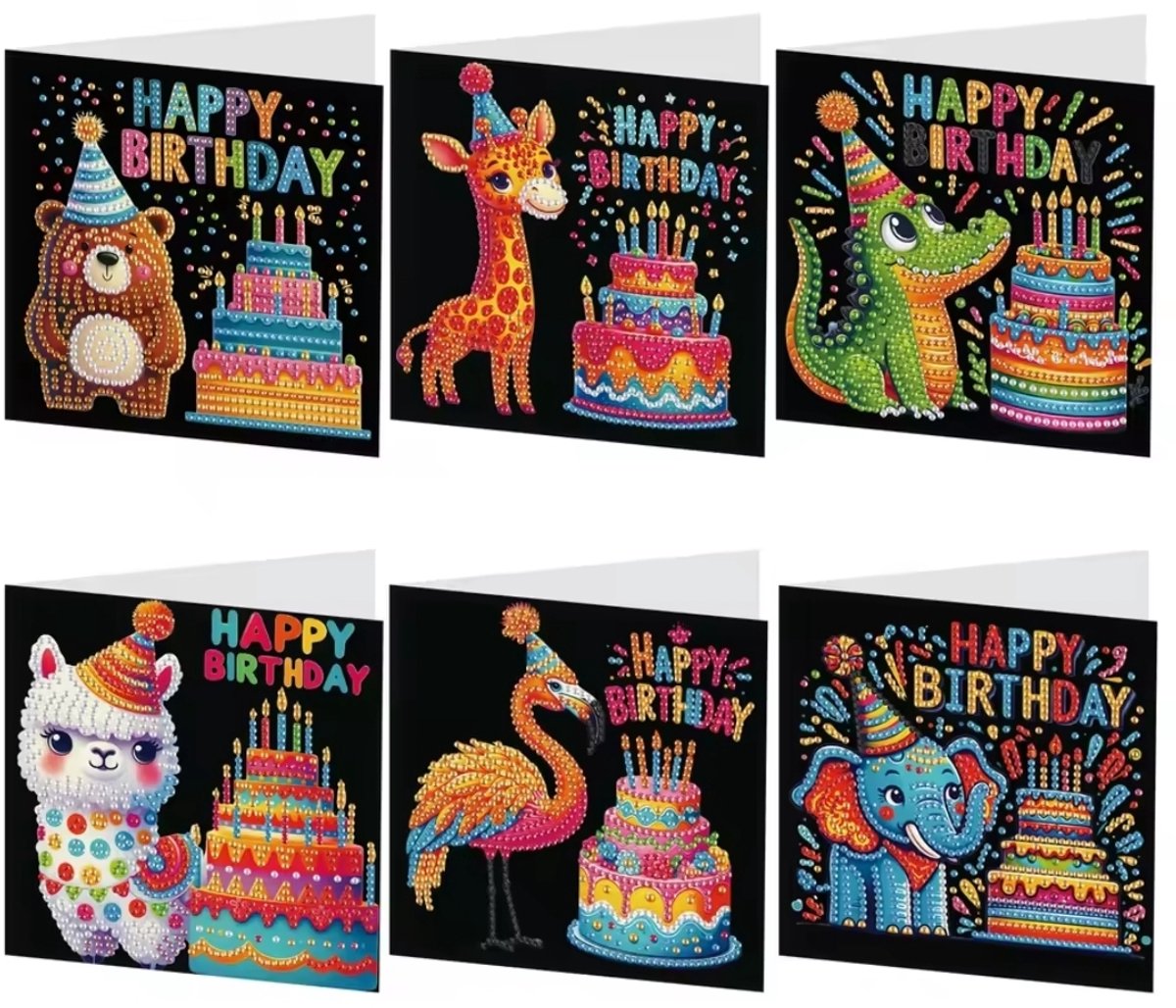 Diamond Painting Kaarten - Verjaardag - Felicitatie - Feest - Dieren - Taart