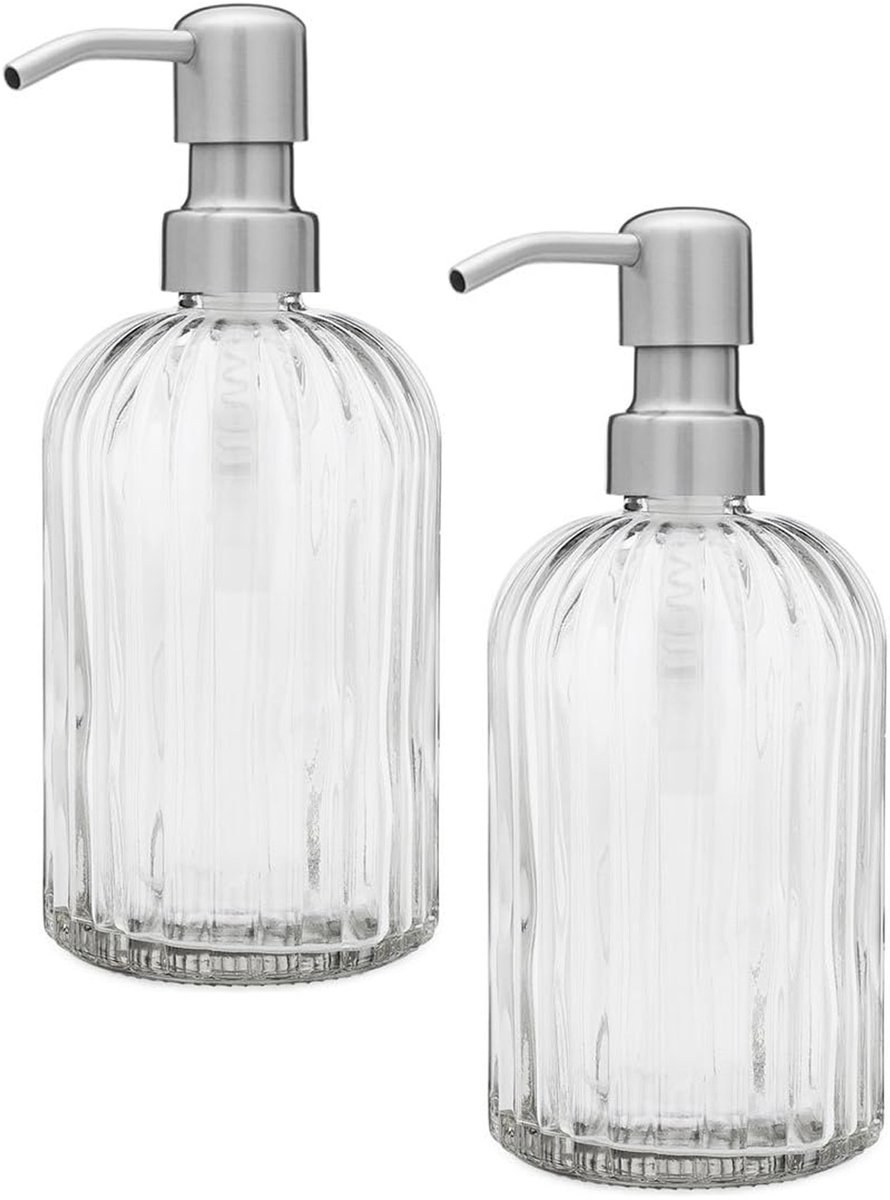 longziming Set van 2 Glazen Zeepdispenser 400ml – Navulbare Pompfles voor Vloeibare Zeep, Shampoo, Lotion – Keuken & Badkamer – Transparant