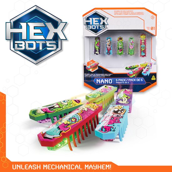 HEX BOTS nano 5 Pack, 4 nano Bots met extra Flash nano, sensorisch speelgoed voor kinderen en katten met trillingstechnologie, insecten- en minirobotspeelgoed
