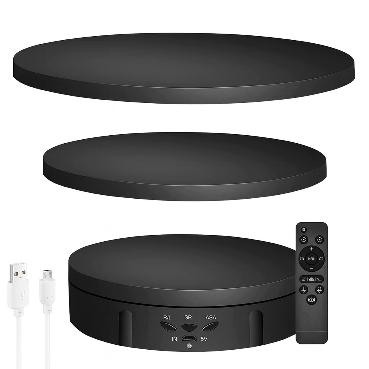 ZoeZo - Elektrisch Draaiplateau 3 in 1 - Draaischrijf 15/18/22 cm - 360 Graden Roterend - Ideaal voor Productfotografie - Draadloos & oplaadbaar - Zwart - Foto
