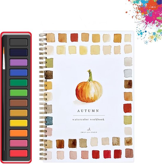 Watercolor Werkboek voor Beginners met 12 Kleuren Verfset - Herfst Natuur Scènes Oefenboek - Stap voor stap Aquarel Cursus