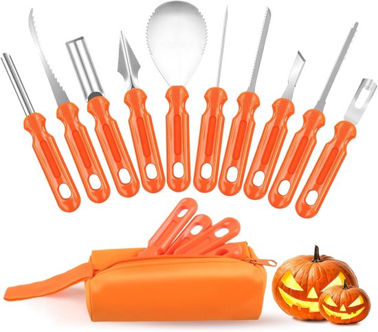 Ensemble de sculpture de citrouilles professionnel 10 pièces - Outils en acier inoxydable avec sac de rangement - Équipement durable pour les lanternes Jack-o'-Lantern d'Halloween