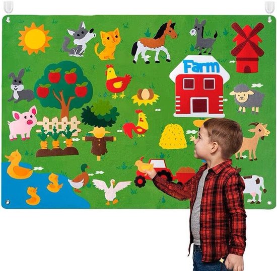 Set vilten verhaalborden met boerderijdierenthema, educatieve en interactieve speelmat voor kinderen, doe-het-zelf interactief speelgoed van vilten verhaalborden voor kleuters om verhalen te vertellen en vroeg leren