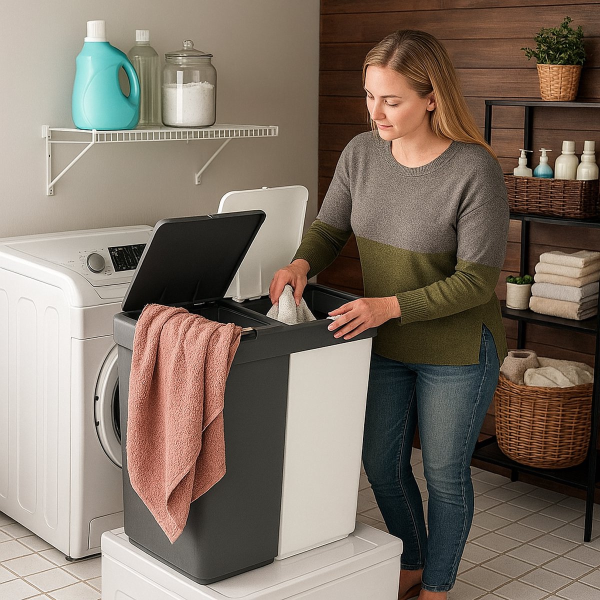 Bol.com Wasmand - 2 Vakken met Deksel - Met Touch Deksel - Gemaakt van 100% gerecycled kunststof - 80 L - wasmand met deksel - W... aanbieding