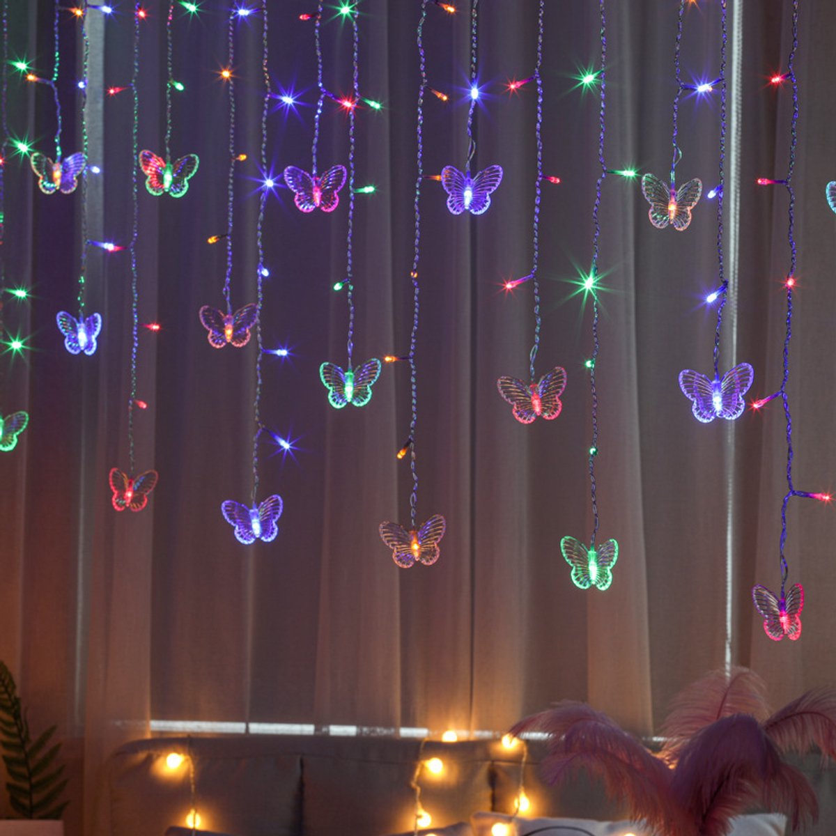 Vlinderfeeverlichting Slaapkamergordijnverlichting Zacht knipperend Schattige LED-lichtsnoer Hangende Kinderkamer Meisjes Muur Bed Plafonddecoratie met Afstandsbediening Dimmer