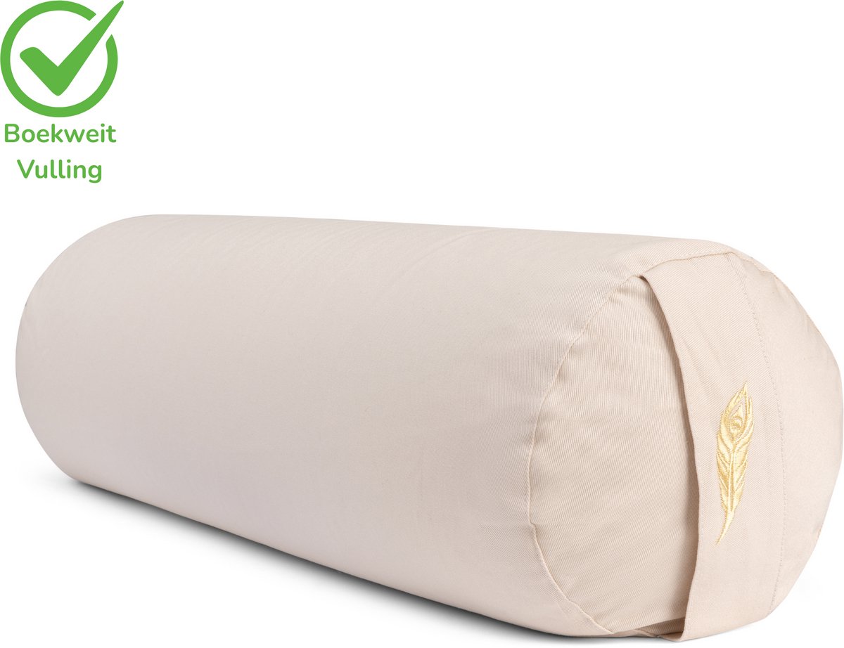 MindBaas - Yoga Bolster - Eco - Crème - Dubbel Gestikt - 60 x 20 cm (lengte x diameter) - Yoga Kussen - Yoga Rol