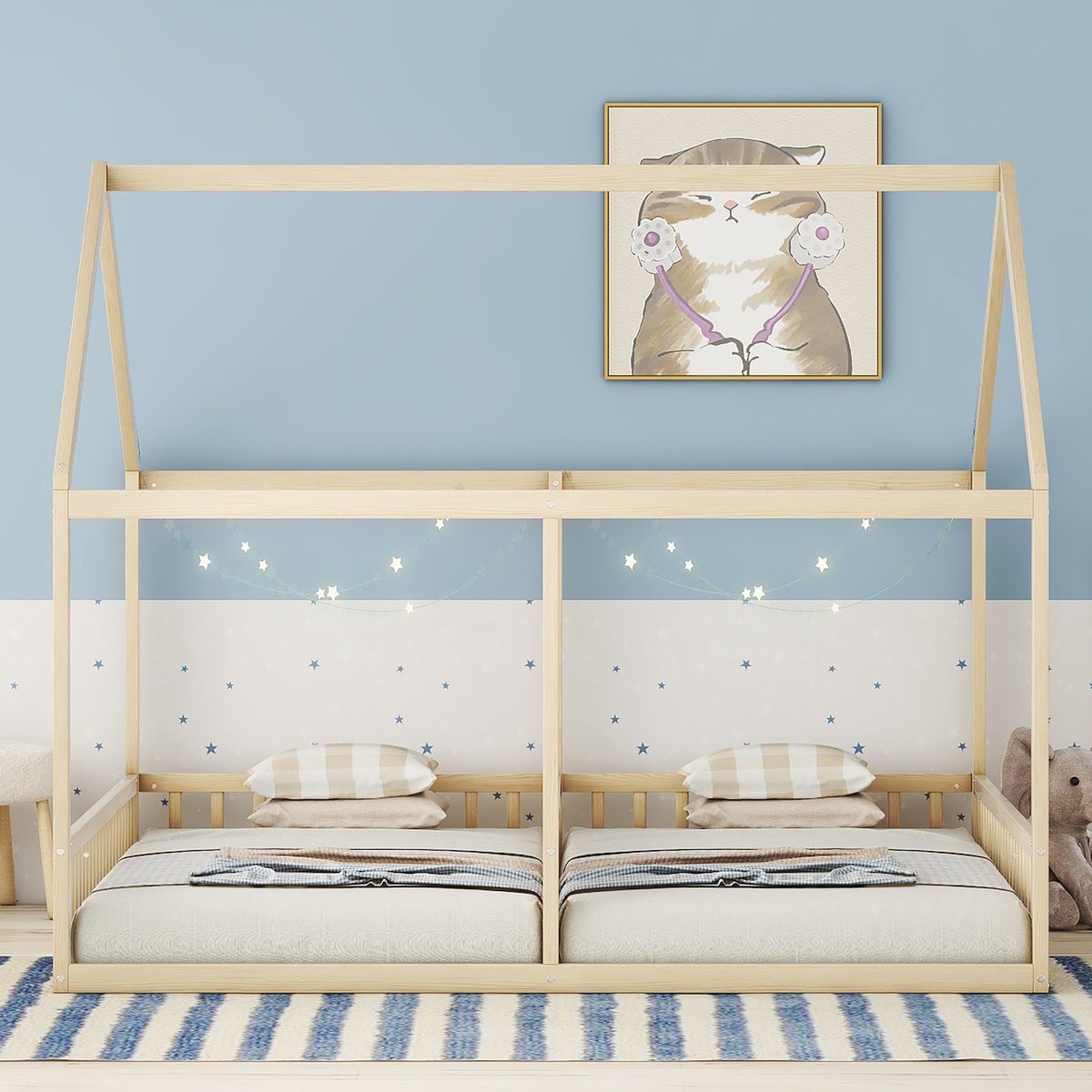 Merax 90 x 200 cm eenpersoonsbed - vlak bed - Kajuitbed - voor thuis gebruik - 2-in-1 bed - houtkleur - zonder matras