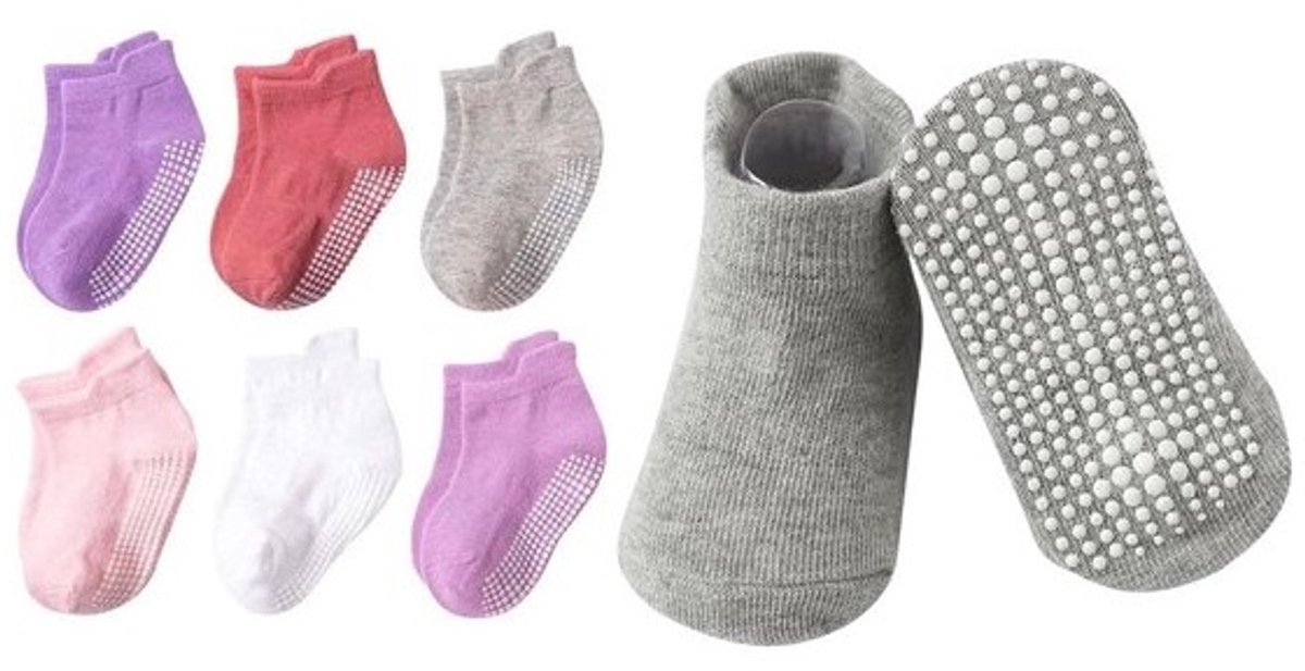 Baby Antislip Sokken Meisje - 6-12 maanden - 6 paar - Roze Paars Effen