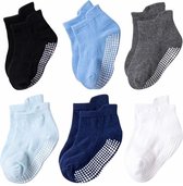 6 Paar - Antislip Sokken Kind Baby - 1-3 jaar - Blauw Grijs - Enkelsokken - Verbeterde kwaliteit