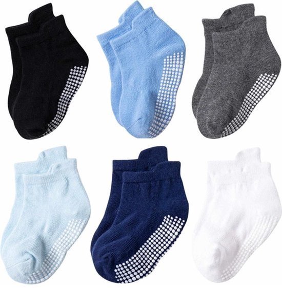 6 Paires - Chaussettes Antidérapantes Enfant Bébé - 1-3 Ans - Blauw Grijs - Chaussettes basses