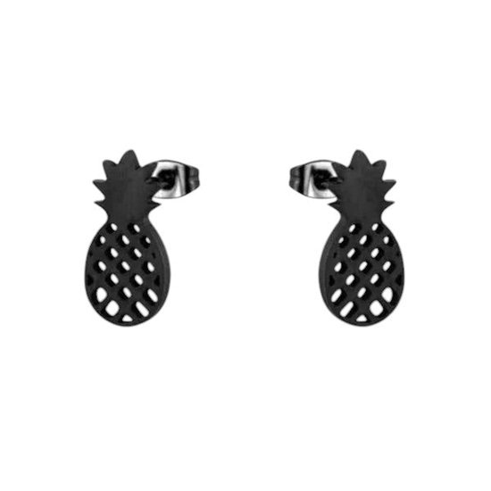 Aramat Jewels | Oorbellen | RVS Ananas Oorbellen Diverse Kleuren 10mm - Zomerse Pineapple Studs | Zwart | |5mm | Staal | Kinderen, Volwassenen | Verkleurd niet