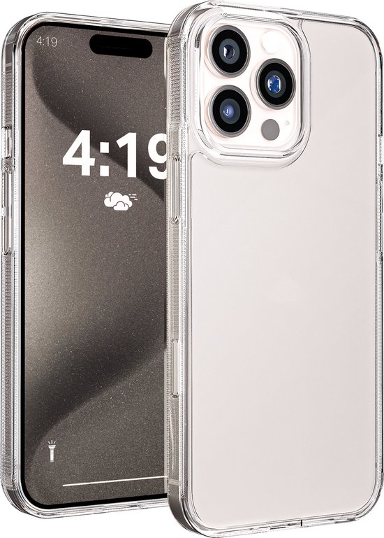 Coque en silicone transparente pour iPhone 15 Pro avec coins renforcés et un boîtier d'objectif de caméra distinctif.