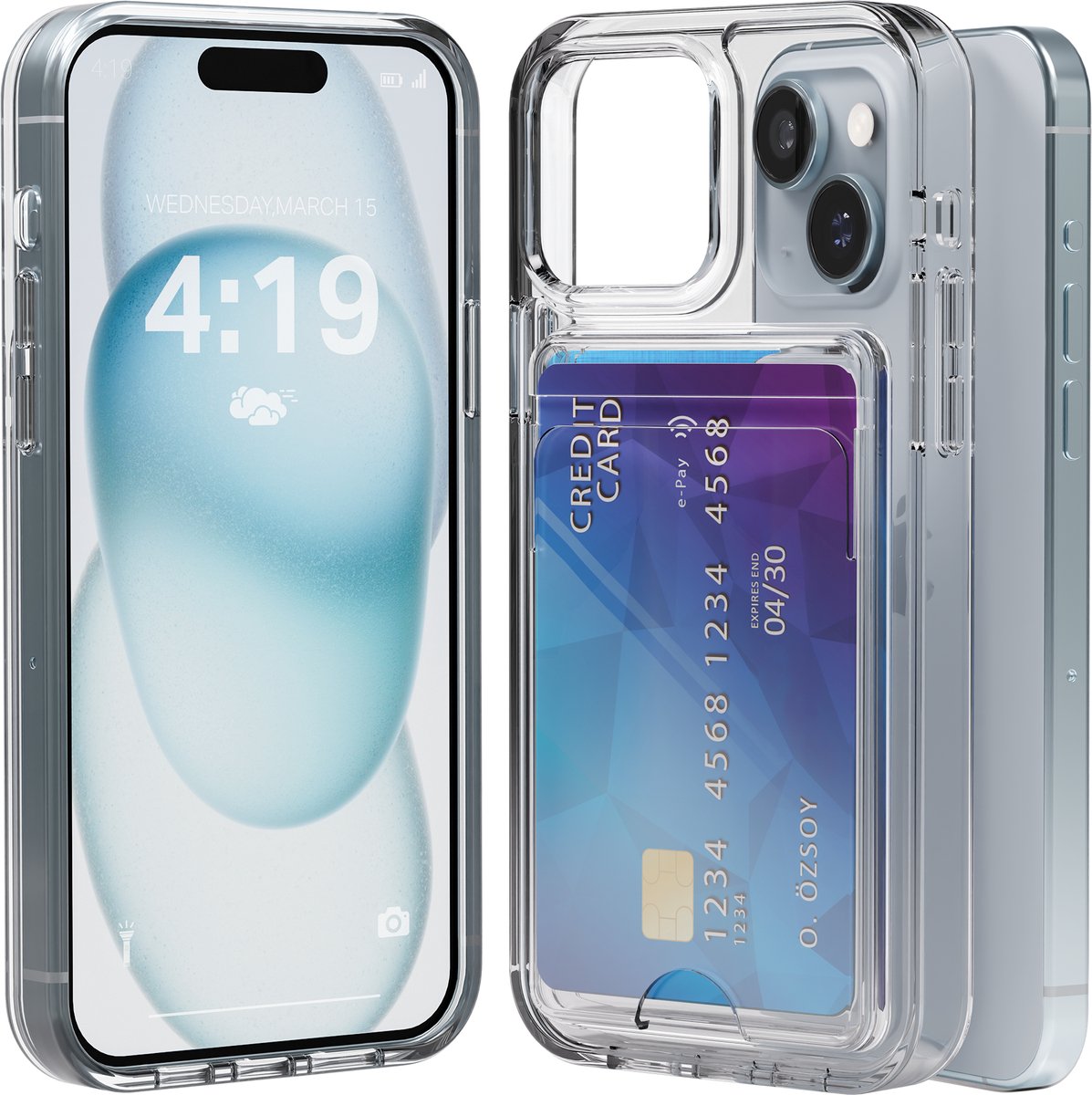 Hoesje geschikt voor iPhone 15 met Pasjeshouder Transparant - Met Kaarthouder - Kristalhelder - Hard Case