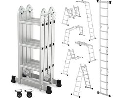 OUTIGO multifunctionele ladder - 7 in 1 - opvouwbaar - aluminium - met 2 wielen - geschikt voor huishoudelijk gebruik - maximale belasting 150 kg - 12 treden - Totale lengte 3,5 meter