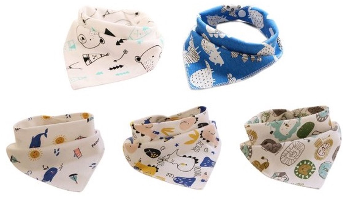 Image of 5- pack - Bandana slabbetjes - Safari Dinosaurus - 2-laags Katoen - Puntslabbetjes - kwijlslabbetjes