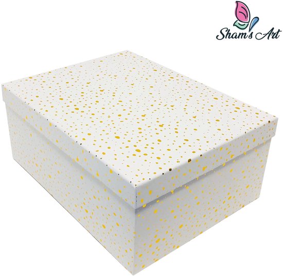 Witte geschenkdoos met gouden spikkels en deksel. Logo 'Sham's Art' bovenin.