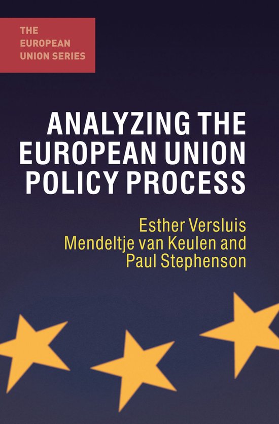 Boekcover 'Analyzing the European Union Policy Process' met gele sterren op donkerblauwe achtergrond.