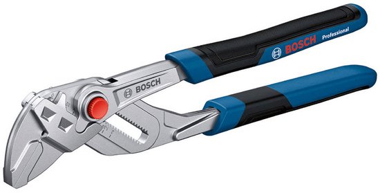Een Bosch waterpomptang met blauwe en zwarte handvatten.