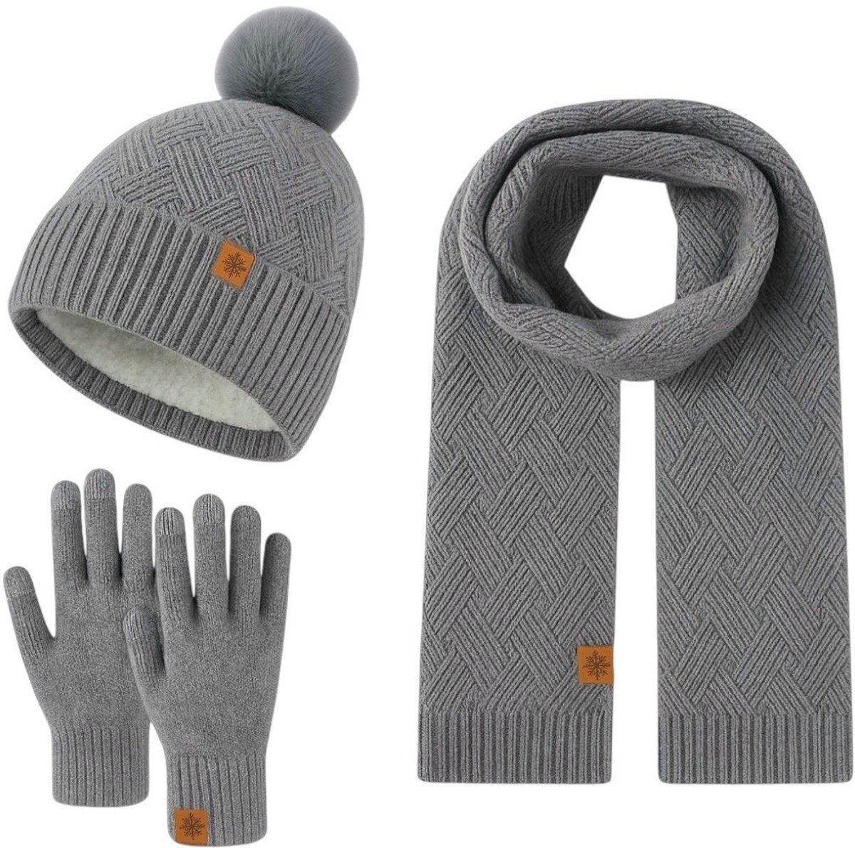 Ultiluxe® Winterset voor dames - Muts, sjaal en handschoenen - Grijs - 3-delige set - Volwassenen - Gevoerde beanie met pompom - Lange sjaal - Touchscreen handschoenen - Warme winteraccessoires voor vrouwen - Tegen kou en wind