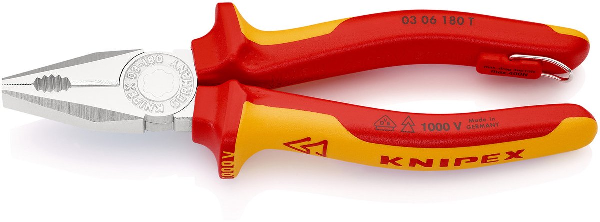 Knipex combinatietang met bevestigingsoog verchroomd, geïsoleerd met meercomponenten handvatten, VDE-gekeurd; met geïntegreerd geïsoleerd bevestigingsoog voor het aanbrengen van valbeveiliging 180 mm - 0306180TBK