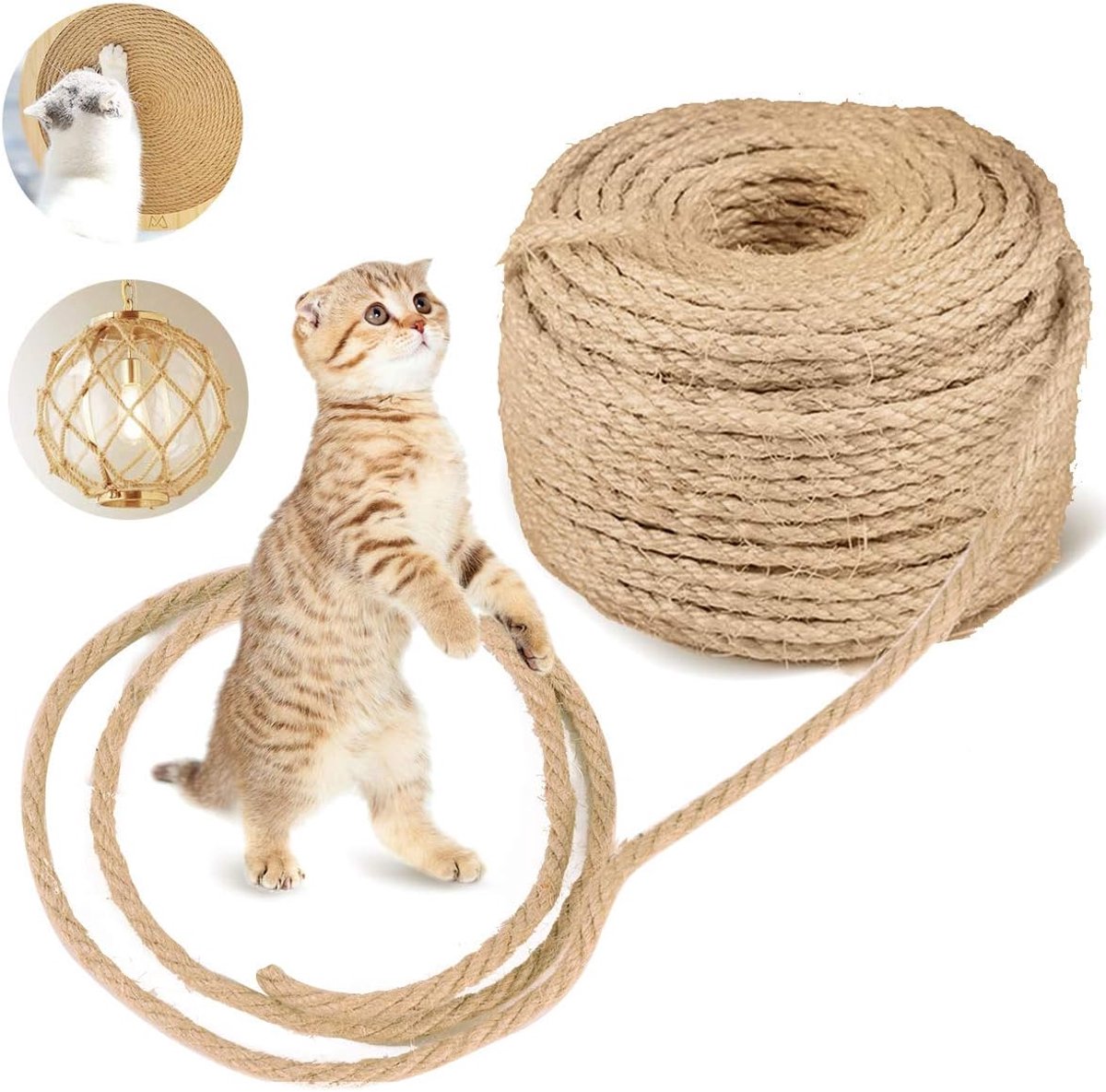 Mmgoqqt - Natuurlijk sisaltouw voor het repareren en vervangen van kattenkrabpalen - Krabplanken voor katten - Krabmatten voor katten - 6 mm * 15 m - DIY-decoratie voor tuinen en huizen