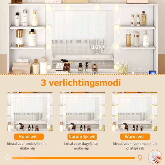 Drie lichtmodi voor de kaptafel: koud wit, natuurlijk wit en warm wit.
