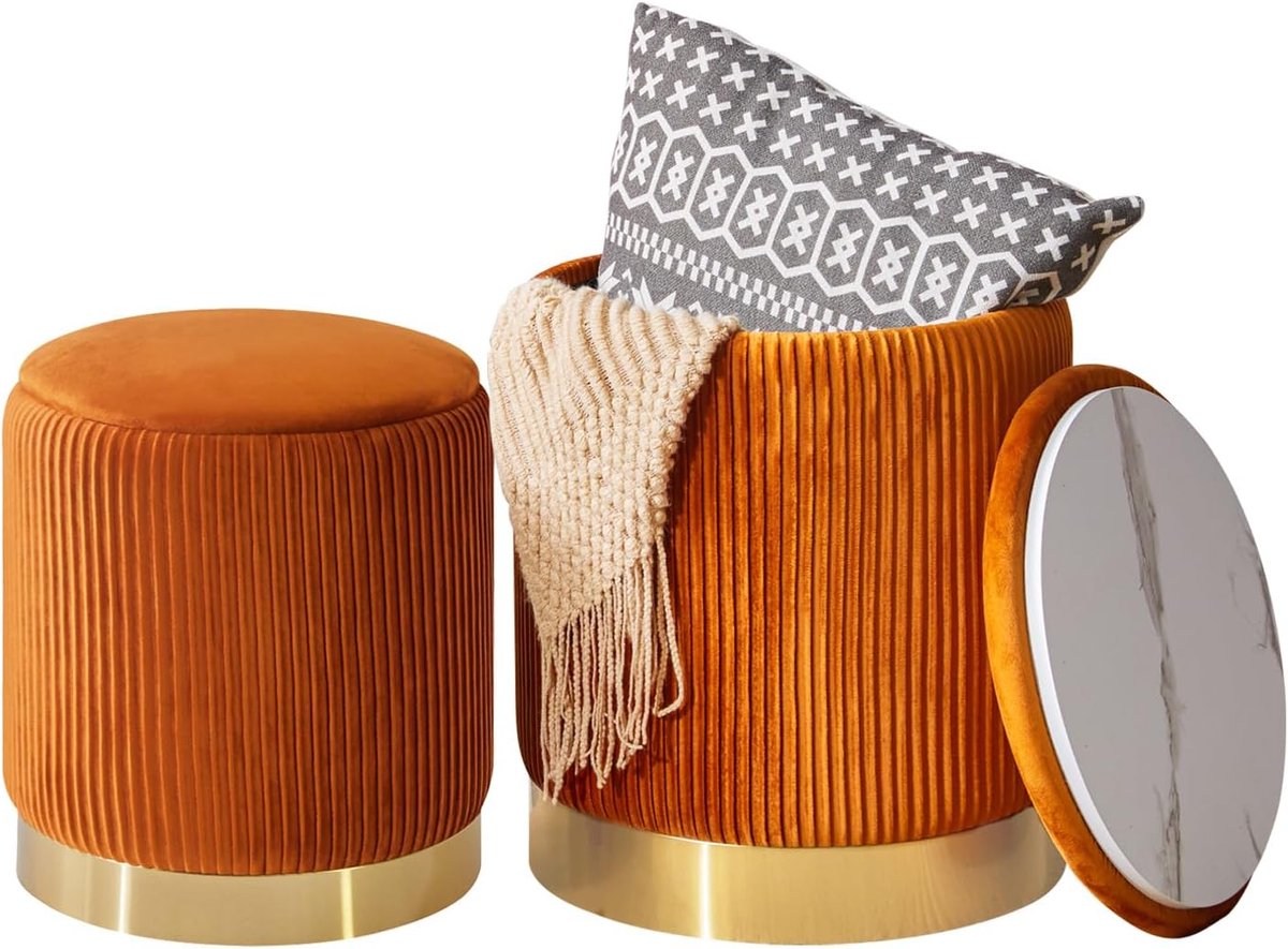 Set van 2 ronde Ottomaanse stoelen met opbergruimte | Fluwelen make-upbank en salontafel | Modern design in oranje