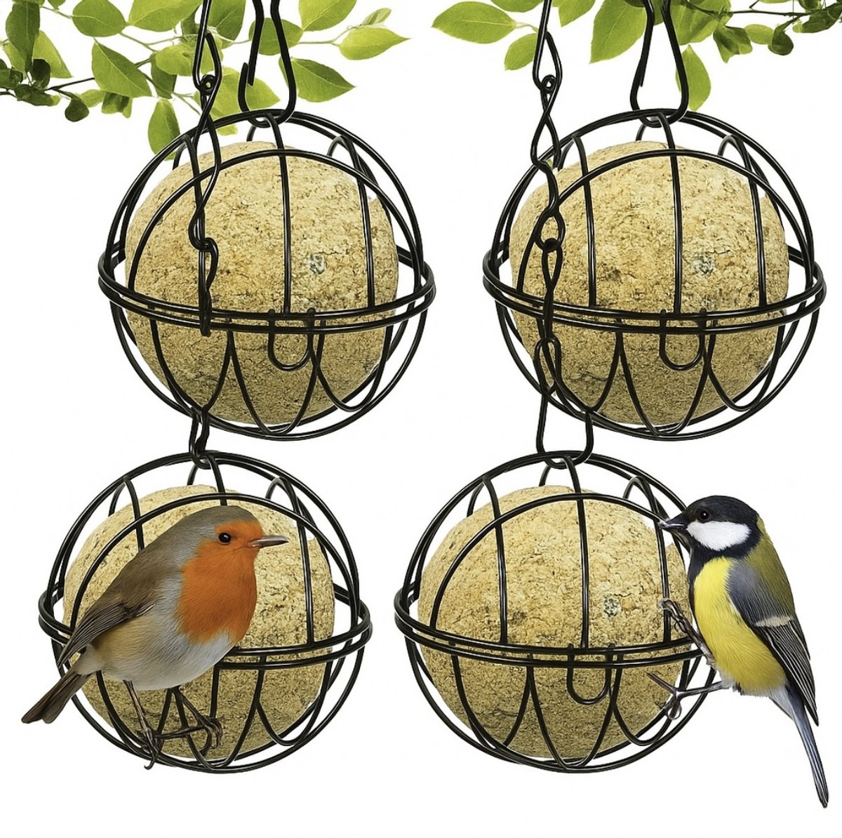 Ultiluxe® Hangende mezenbolhouders - 4 stuks - Zwart - Voederplek voor vogels - Mezenbol - Vogelvoeder - Mezen bolhouder - Vetbollen - Vetbolhouder - Ronde vogelvoerhouder - Vogelvoer houders voor buiten - Met ophanghaken
