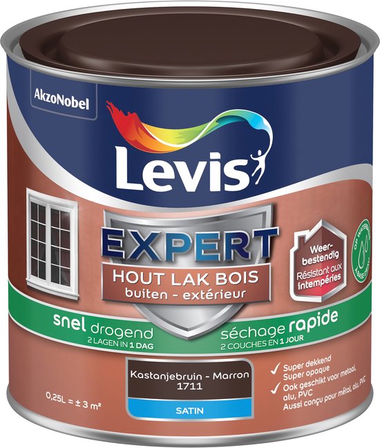 Leveis Expert Vernis Bois Extérieur Brun Châtaigne satin, séchage rapide, résistant aux intempéries.