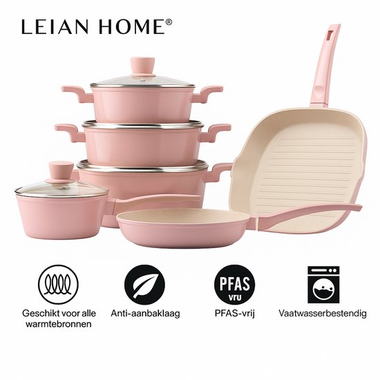 LEIAN HOME ® Pannenset - Forged Pannenset - 10 delig - Met glazen deksels- Alle warmtebronnen - Antiaanbaklaag - PFAS-vrij - Marmeren coating - Inductie - Roze