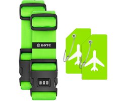 BOTC Kofferriem met Cijfer Slot - 4 stuks - 2 Kofferriem met cijferslot + 2 bagagelabels - 200 cm * 5 cm - Bagage Riem - Bagageband - Verstelbaar - Groen