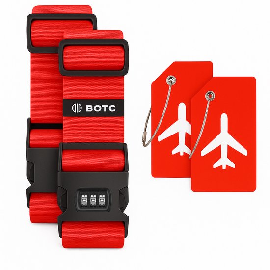 BOTC Kofferriem met Cijfer Slot - 4 stuks - 2 Kofferriem met cijferslot + 2 bagagelabels - 200 cm * 5 cm - Bagage Riem - Bagageband - Verstelbaar - Rood