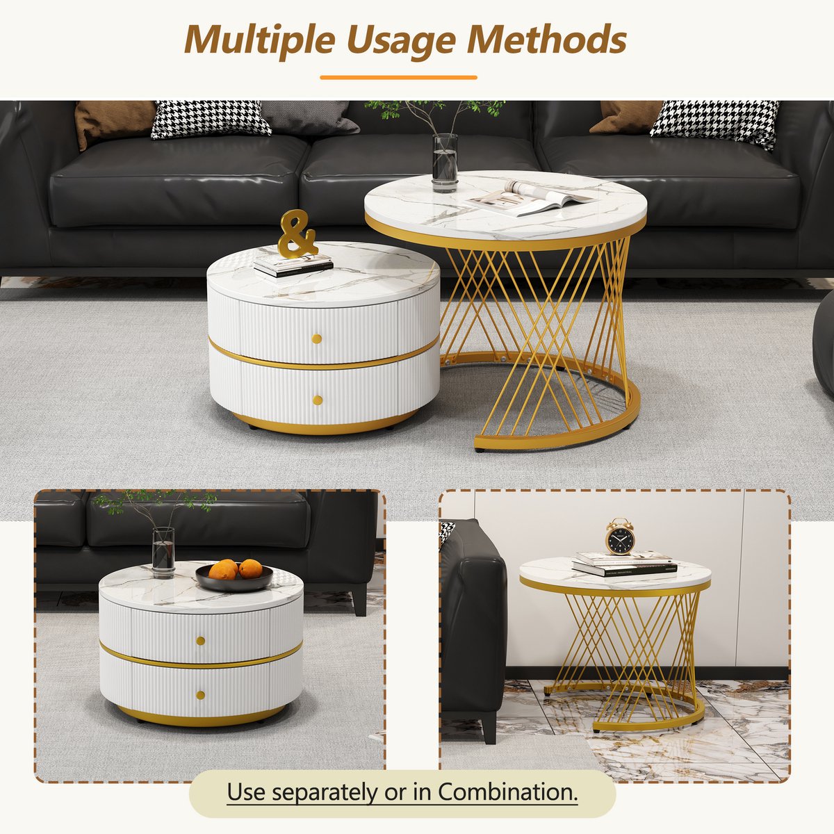 Koffie bijzettafeltje 27''Ronde Nesting Salontafel, Set van 2 Moderne Bijzettafel met Faux Marmer Desktop & Stevig Metalen Frame, met Opberglades, Nesting Side Theetafel for Woonkamer, Appartement, Ka
