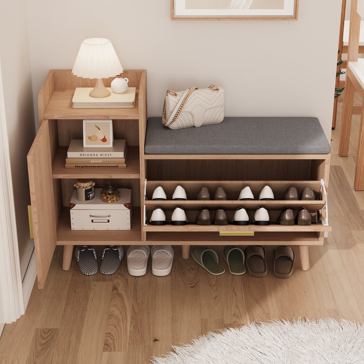 Schoenenkast met Zitbank – Houtkleurig Halmeubel met Opbergruimte, 100x30x69,5 cm, Comfortabele Opbergbank voor Gang & Woonkamer