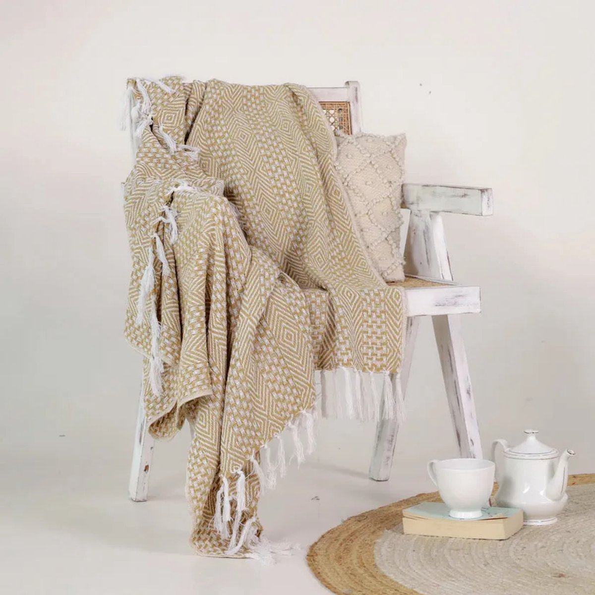 Urbane Hide | Handgeweven Geometrisch Plaid | SierPlaids | 125x160 cm | met Franjes | 100% Katoen | Beige