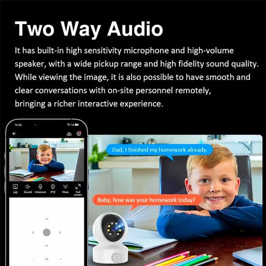 Beveiligingscamera voor binnen, huisdiercamera, 360° zicht, bewegingsdetectie, IR nachtzicht, 2-weg audio（Met 32G geheugenkaart） van Merkloos — afbeelding 3
