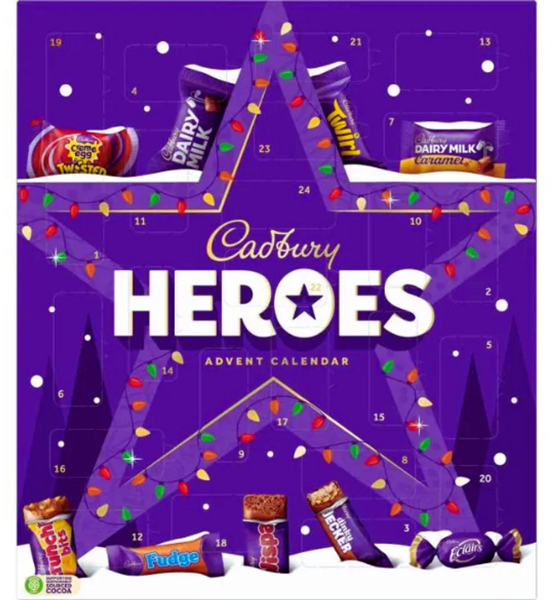Cadbury Heroes Advent Calendar - 230g - (Christmas) - (Kerstmis) - (Kerst) - (Kalender) - (Twisted)- (Wispa) -(Twirl) - (Dairy Milk Caramel) - (Dairy Milk) - (Fudge) - (Crunchie Bits) - (Dinky Decker) - (Cadbury Chocolate) - (Eclairs)