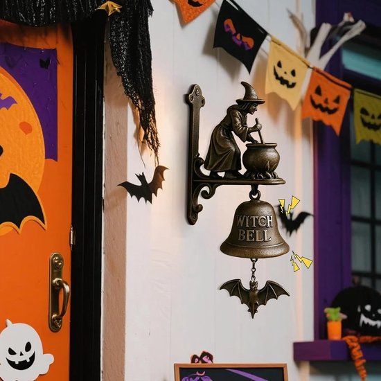 Heksen Deurbel - Deurklok Heks - Halloween Decoratie - Gietijzeren Constructie - 25 cm - Brons — afbeelding 2