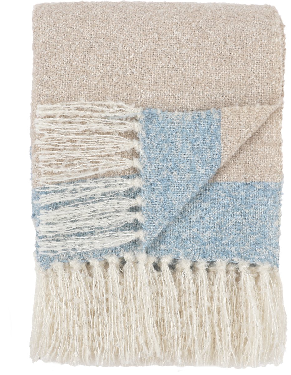 Urbane Hide | Zachte Geweven Gestreepte plaid | Sierplaid | 130x170 cm | 100% Polyester | Decoratieve met Franjes | Crème, Blauw & Beige