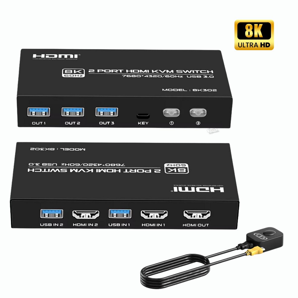 Delmark KVM Switch - HDMI 2 PC's naar 1 Monitor - 8K60Hz - HDMI 2.1 - 4x USB 3.0 Poorten - Inclusief HDMI en USB kabels - 2 PC's op 1 Monitor