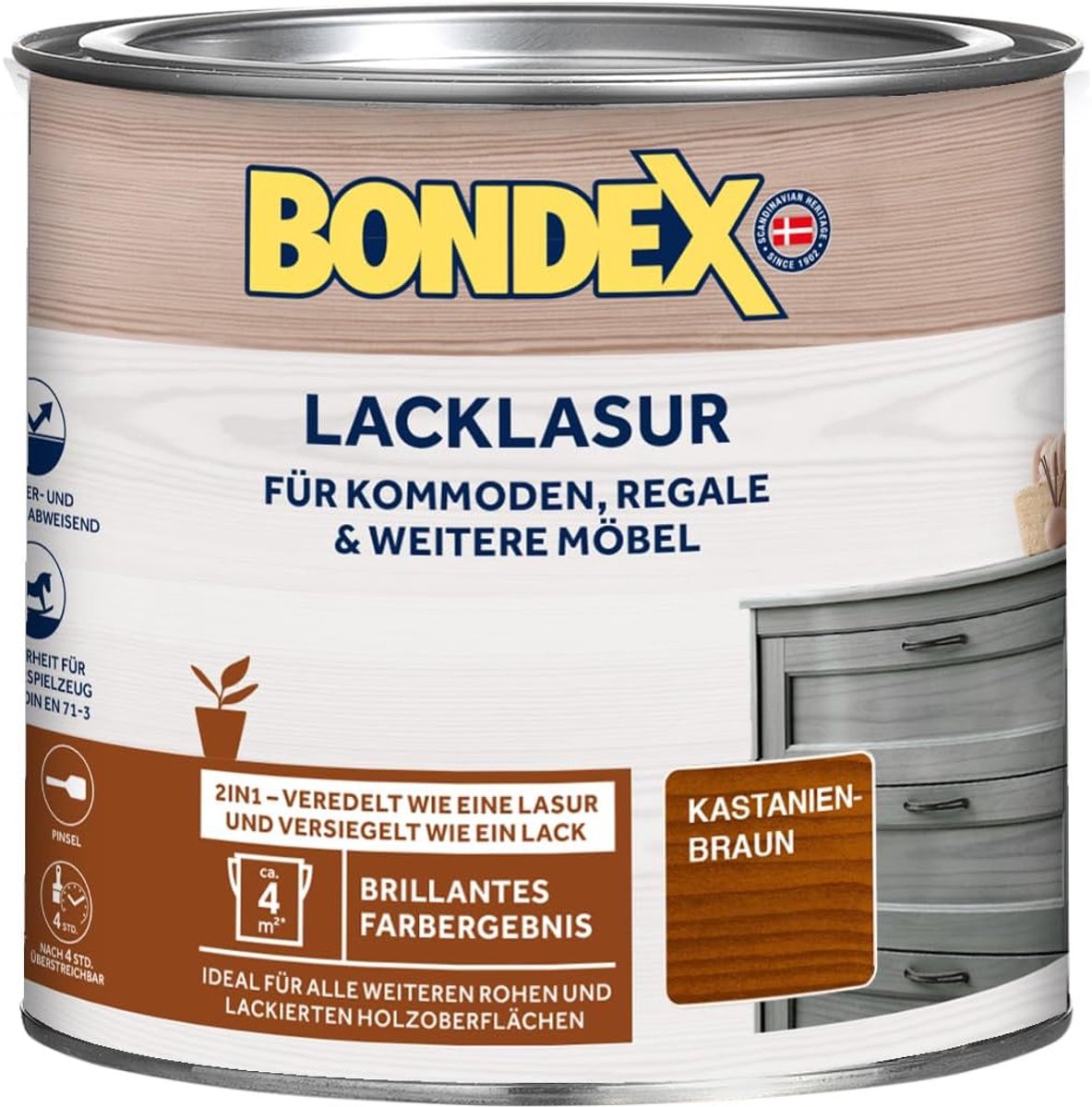 Bondex Lakbeits Kastanjebruin 0,375 L voor 3,75 m² | 2-in-1 - verfijnt en verzegelt | Water- en vuilafstotend | Veiligheid voor kinderspeelgoed volgens DIN EN 71-3 | Zijdeglans | Houtbeits