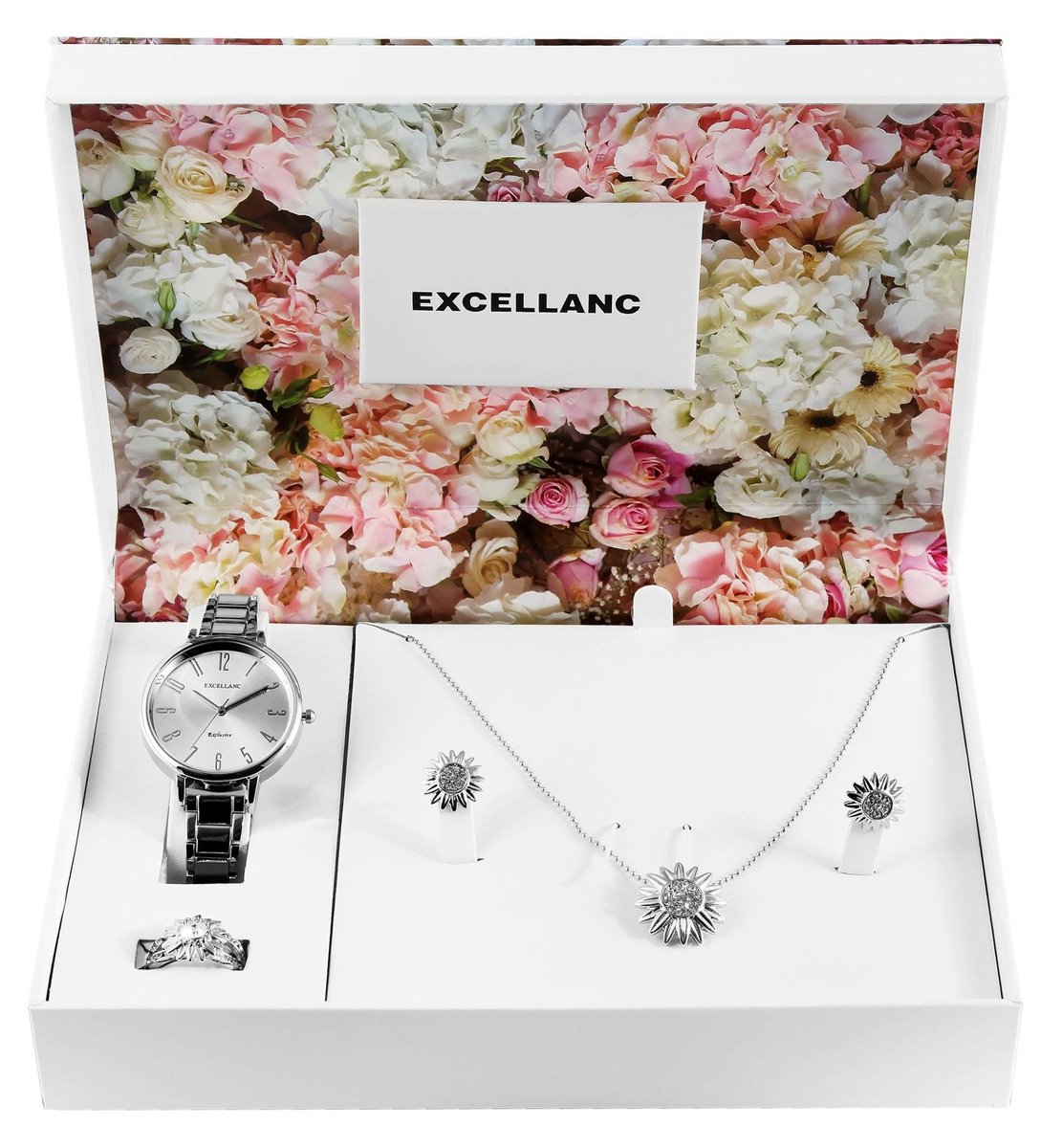 Excellanc dameshorloge geschenkset zilverleurig cadeauset ketting, ring, oorbellen