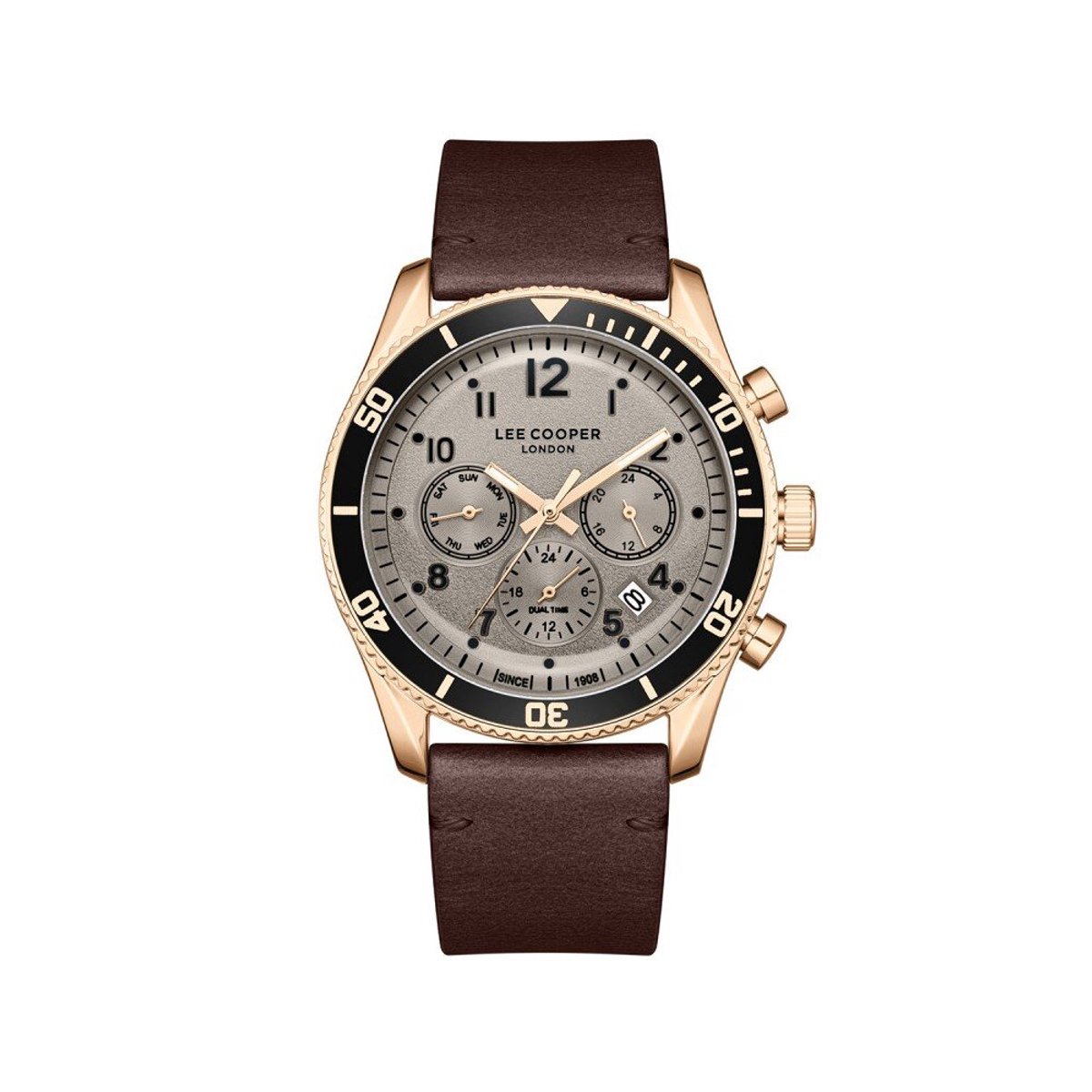 Lee Cooper LC08260.462 - Horloge - Polshorloge - Analoog - Heren - Mannen - Leren band - Metaal - Rond - Strepen- Cijfers - Stippen -Dagaanduiding - Datumaanduiding - Dual time - 12-24 - Bruin - Rosékleurig - Grijs - Beige - Zwart - Wit