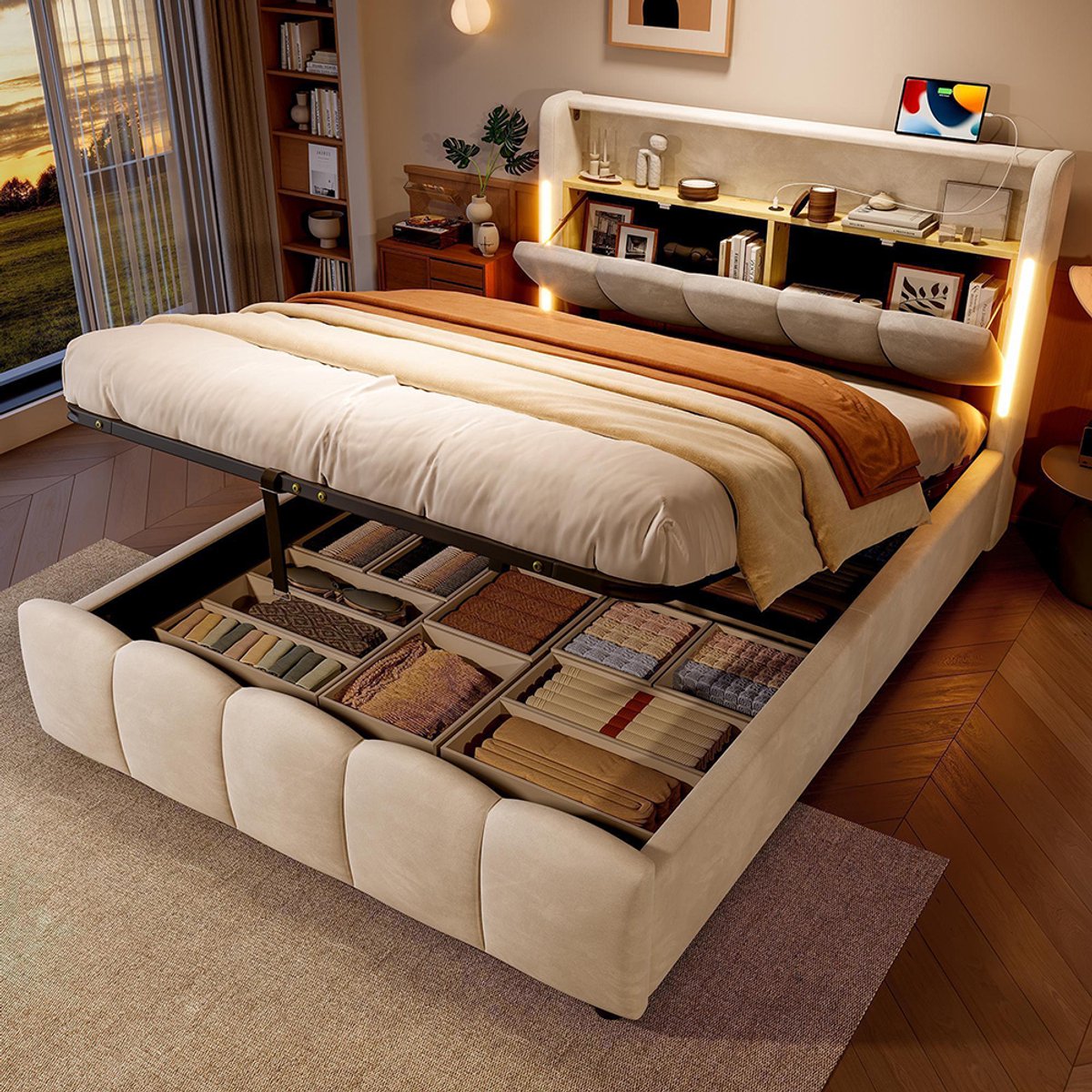 Pugsdrly Gestoffeerd bed, 140 x 200 cm, zonder matras, ledverlichting, hoofdeinde met opbergvak, bed met hydraulische opbergruimte, met USB- en Type-C-poorten, fluweel, beige