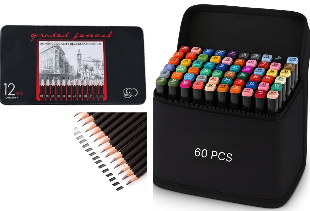 Goodz4All Tekenset voor Volwassenen, 60 Twinmarkers , Dubbelzijdige Alcohol Stiften & 12 Professionele Schetspotloden 8B, 7B, 6B, 5B, 4B, 3B, 2B, B, HB, F, H, 2H