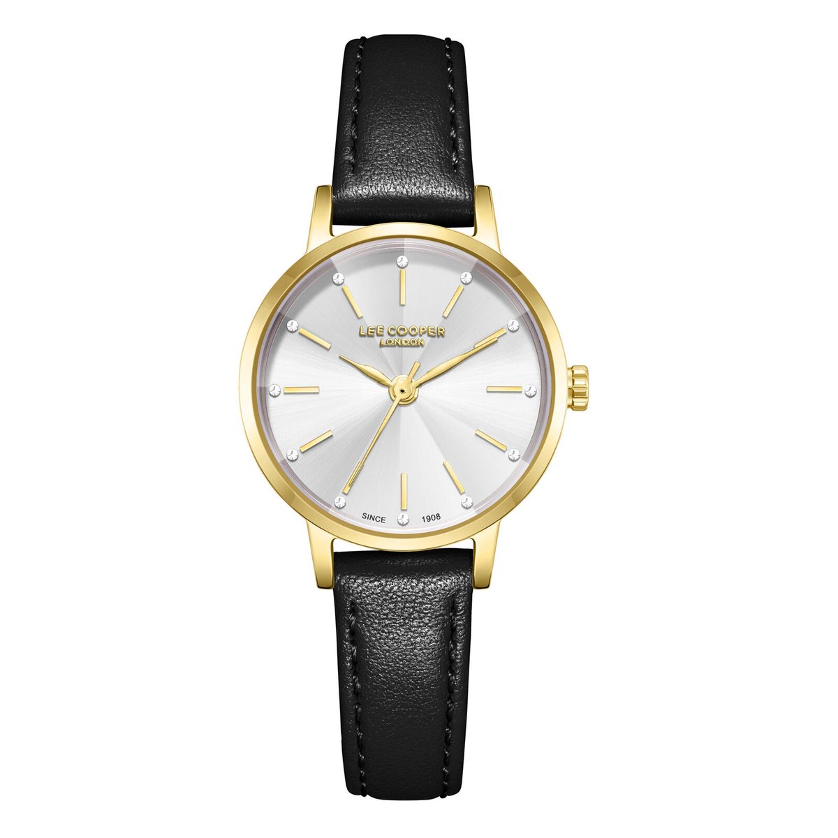 Lee Cooper LC08242.131 - Horloge - Polshorloge - Analoog - Dames - Vrouwen - Leren band - Metaal - Rond - Strepen - Bolletjes - Zwart - Goudkleurig - Wit