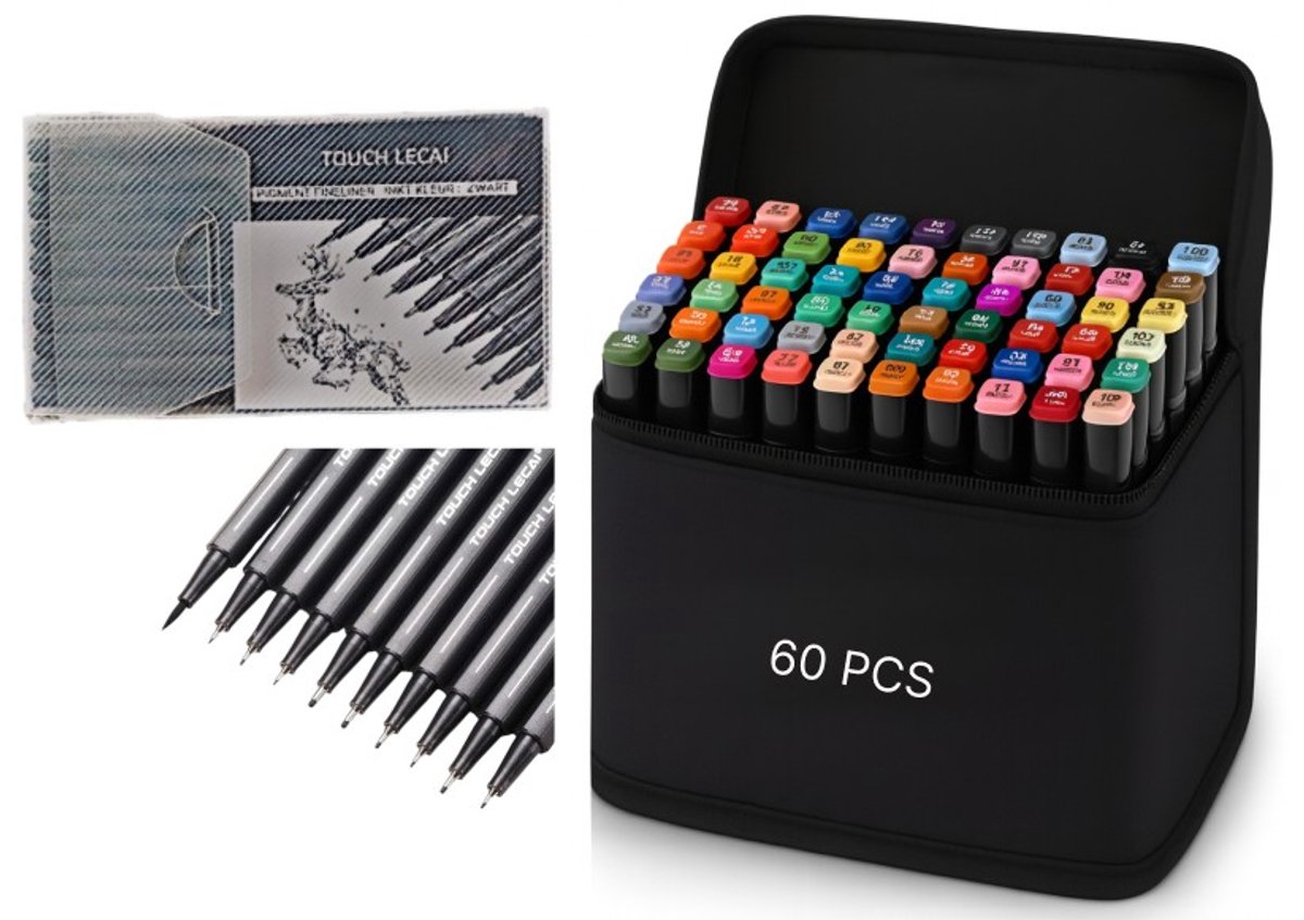 Goodz4All Tekenset voor Volwassenen , 60 Twinmarkers , Dubbelzijdige Alcohol Stiften , 10 Zwarte Watervaste Pigment Fineliners / Tekenpennen Verschillende Puntdiktes