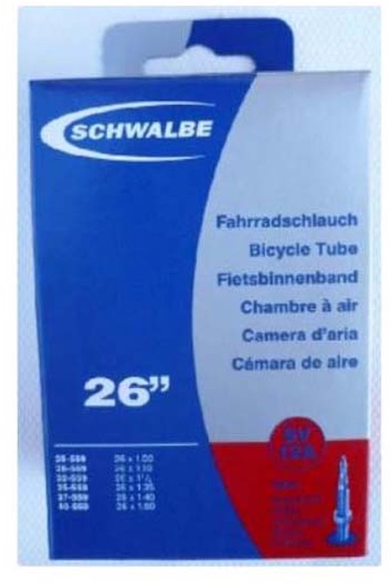 Schwalbe fietsband doos met specificaties in meerdere talen.